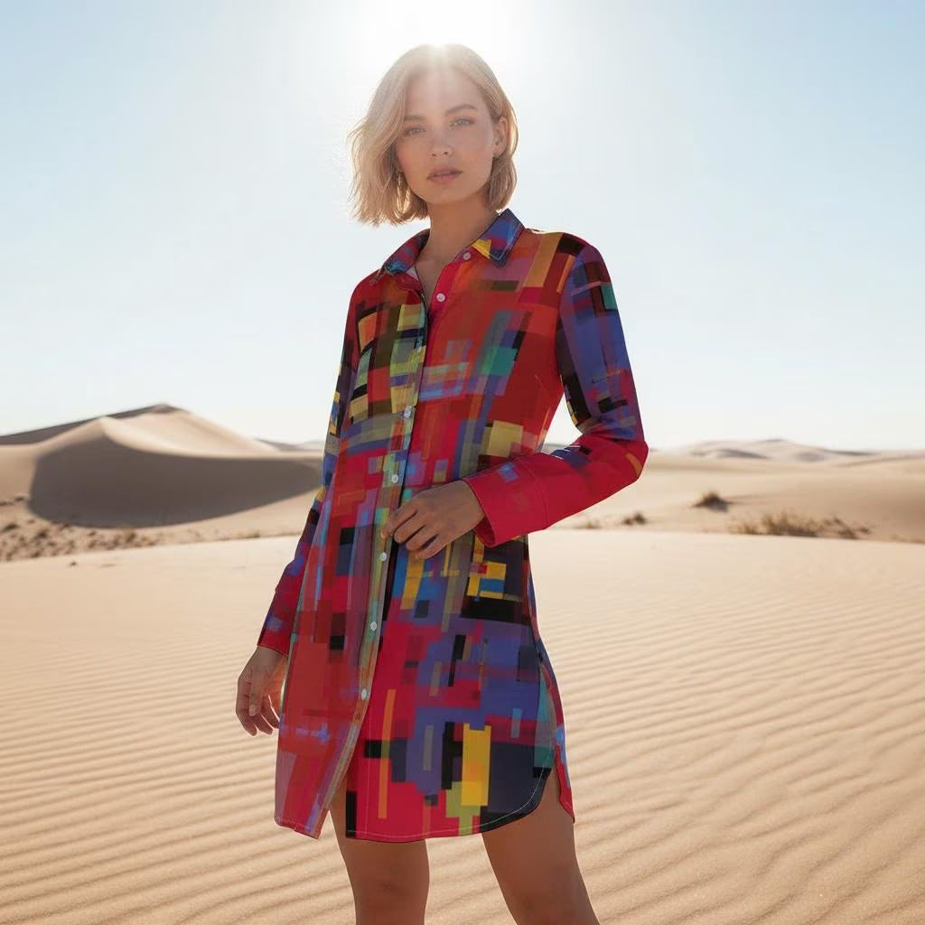 Women’s Red Square Art Print Shirt Dress – Custom-Designed
