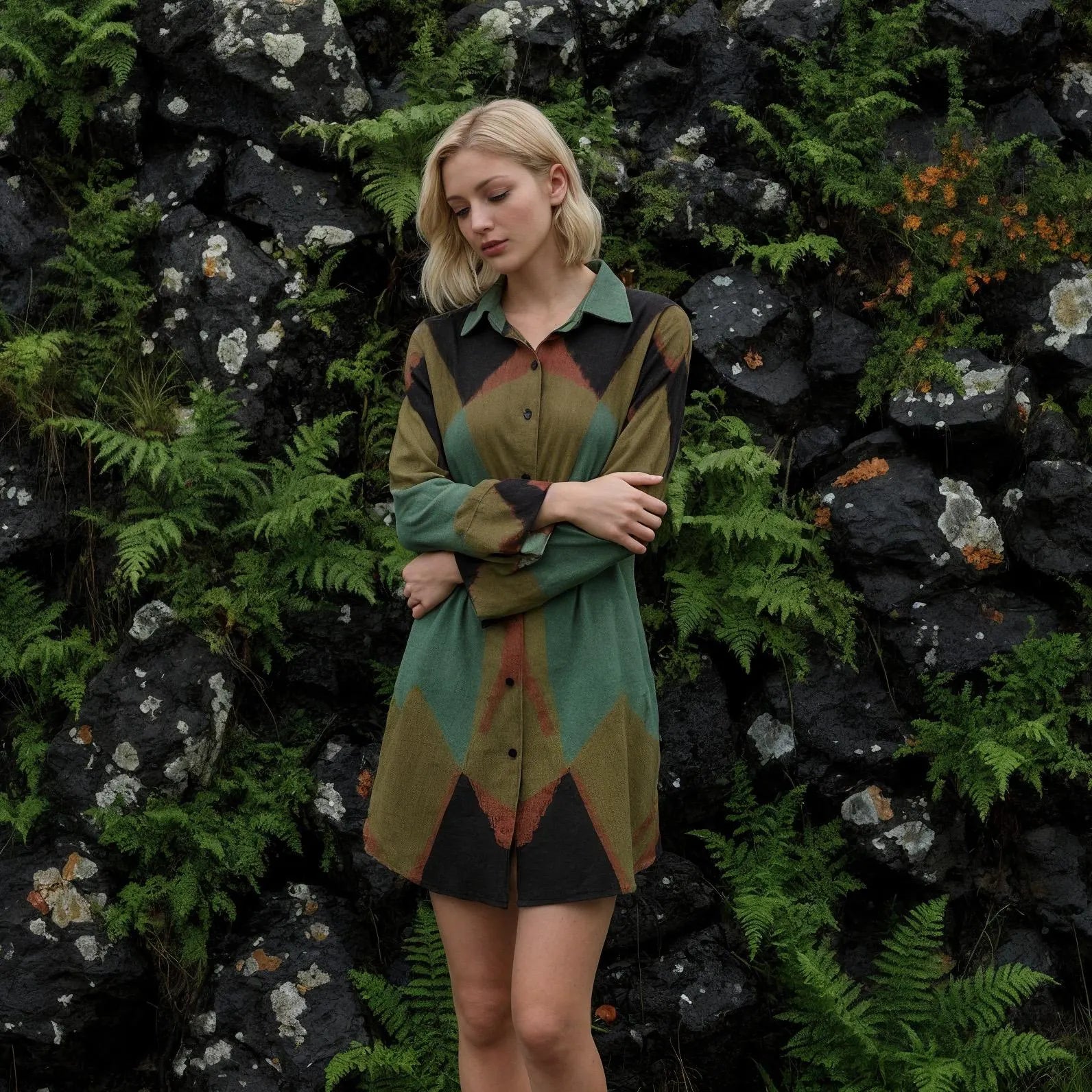 Women's Teal & Black Graphic Art Shirt Dress – Custom-Designed Art Print