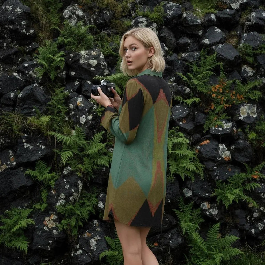 Women's Teal & Black Graphic Art Shirt Dress – Custom-Designed Art Print