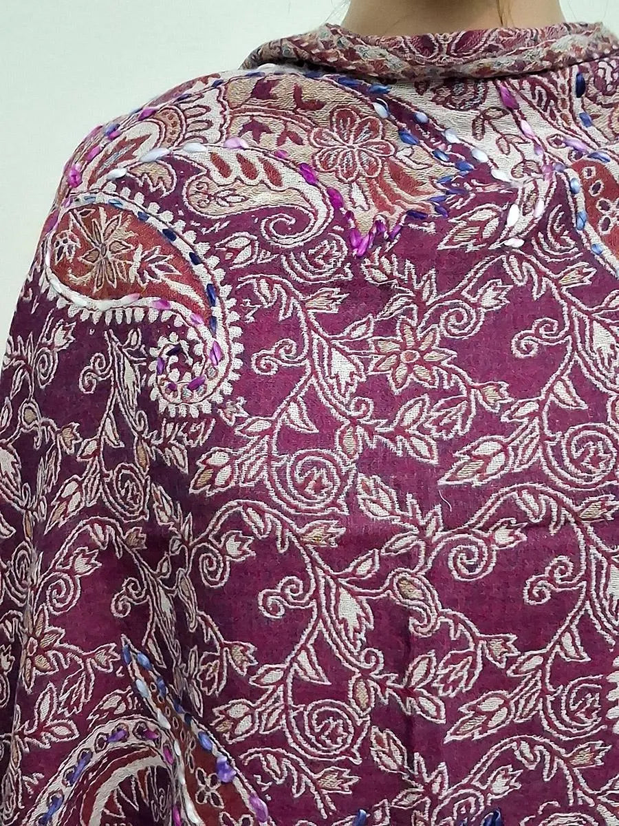Elegant Maroon Floral Embroidered Shawl with Intricate Paisley Detailing