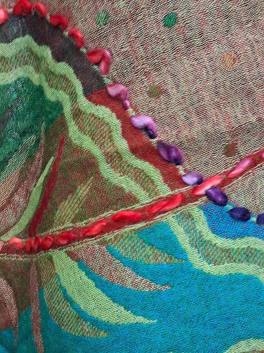 Textured Green Embroidered Shawl Ribbon Stitched Scarf Bohemian Festival Wrap