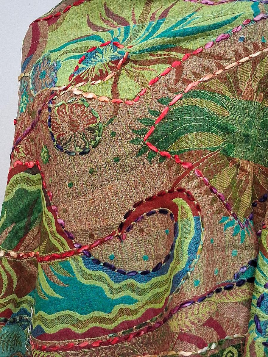 Textured Green Embroidered Shawl Ribbon Stitched Scarf Bohemian Festival Wrap