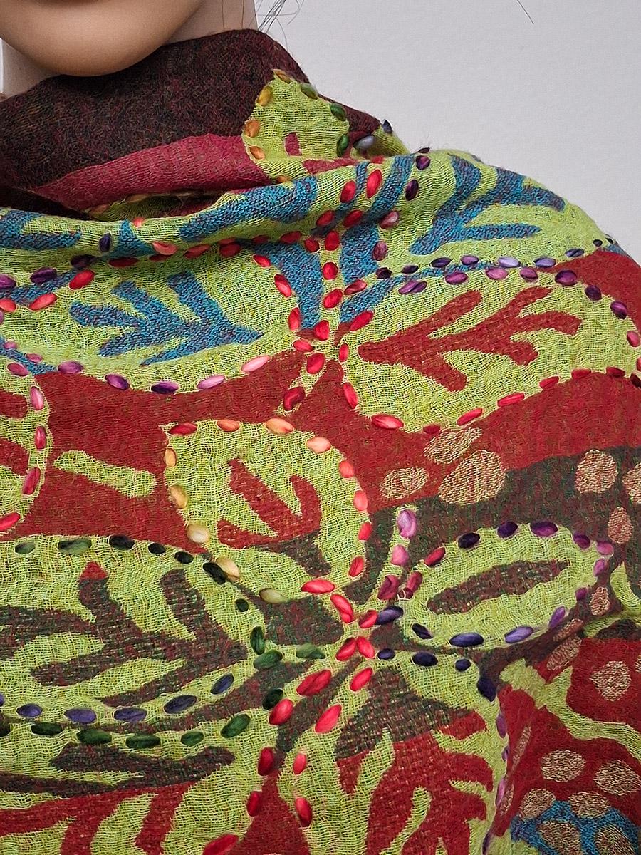 Leaf Print Striped Shawl Bold Multi-Color Scarf Handcrafted Artisan Wrap