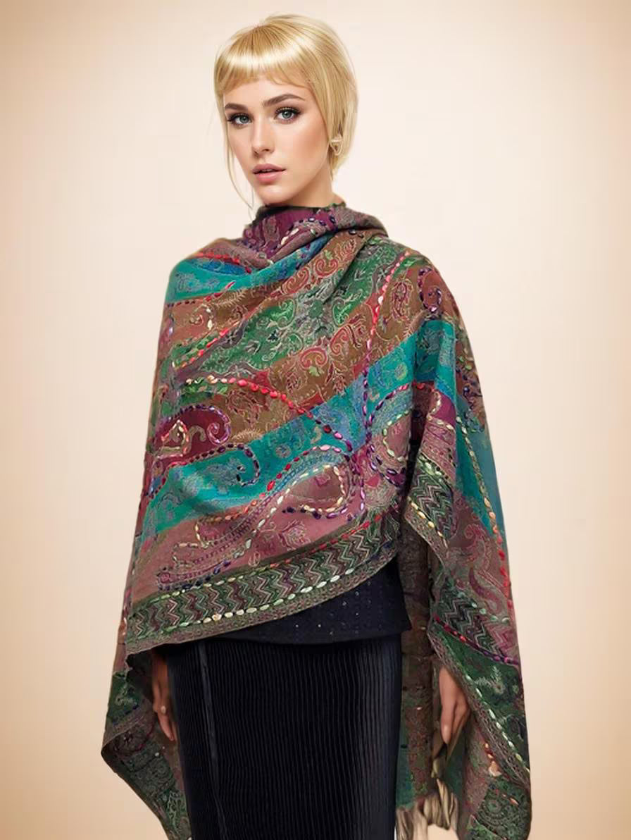 Colorful Paisley Embroidered Shawl with Textured Boho Detailing