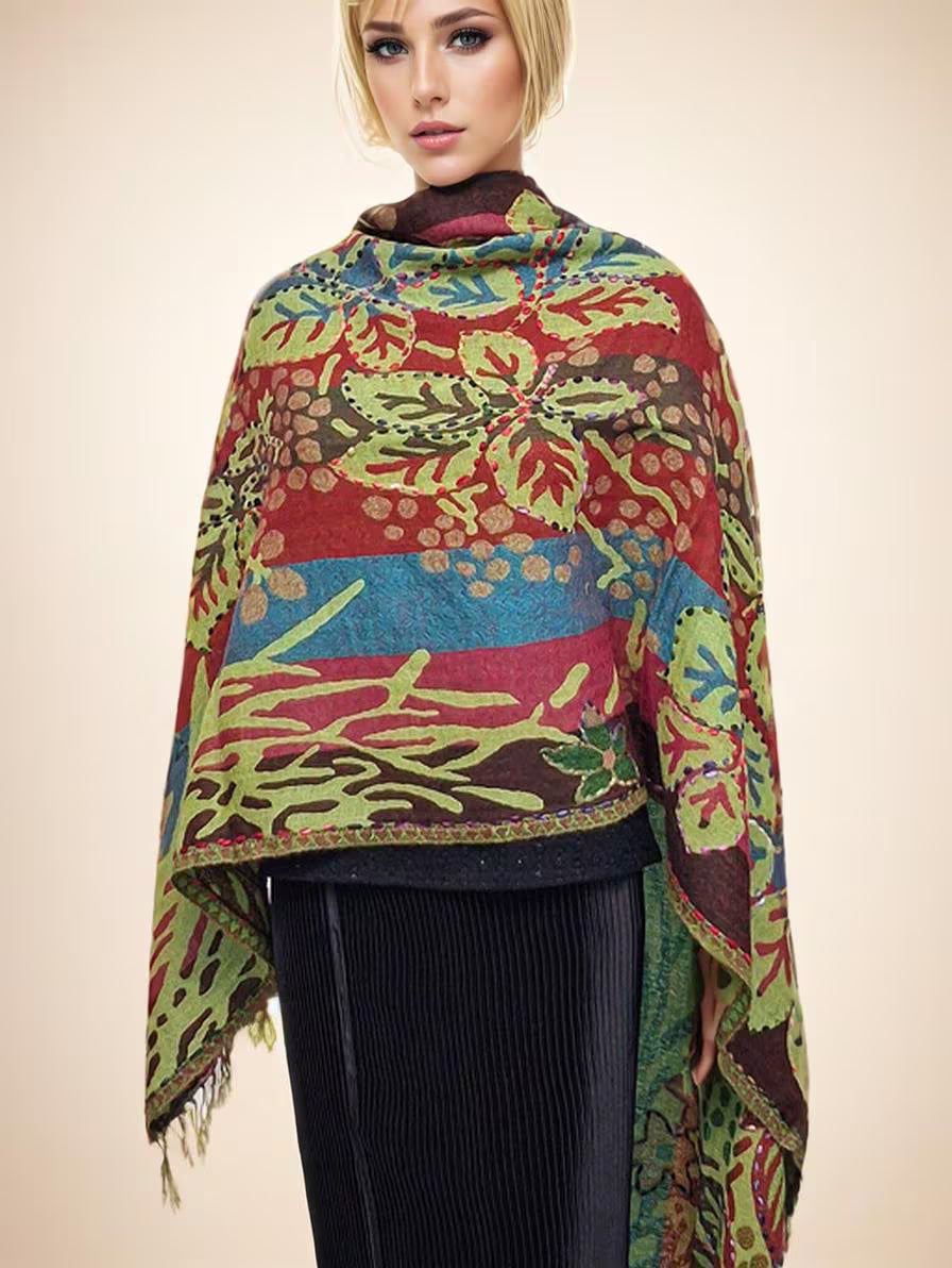 Leaf Print Striped Shawl Bold Multi-Color Scarf Handcrafted Artisan Wrap