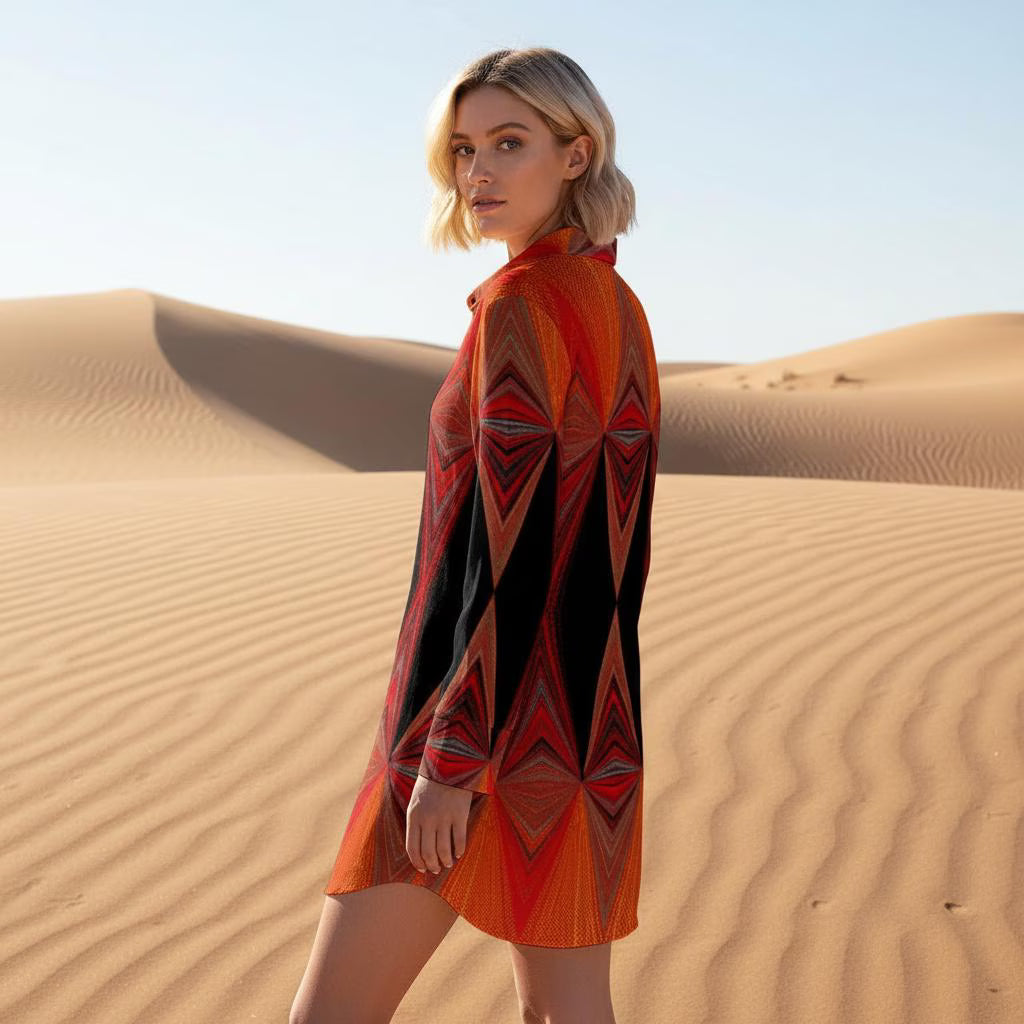 Women’s Fiery Shirt Dress – Custom-Designed Art Print Fashion