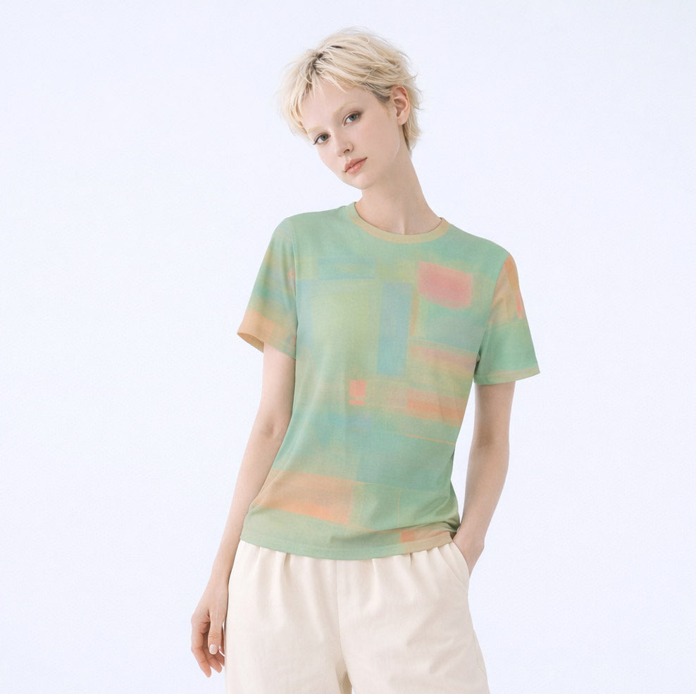 Women's Teal and Apricot Abstract Glitch Cotton T-Shirt