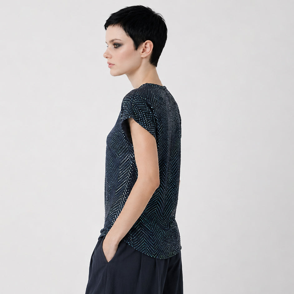 Women's Blue Viscose crepe Top with sequins and embroidery – Lightweight Artistic Cap Sleeve Blouse