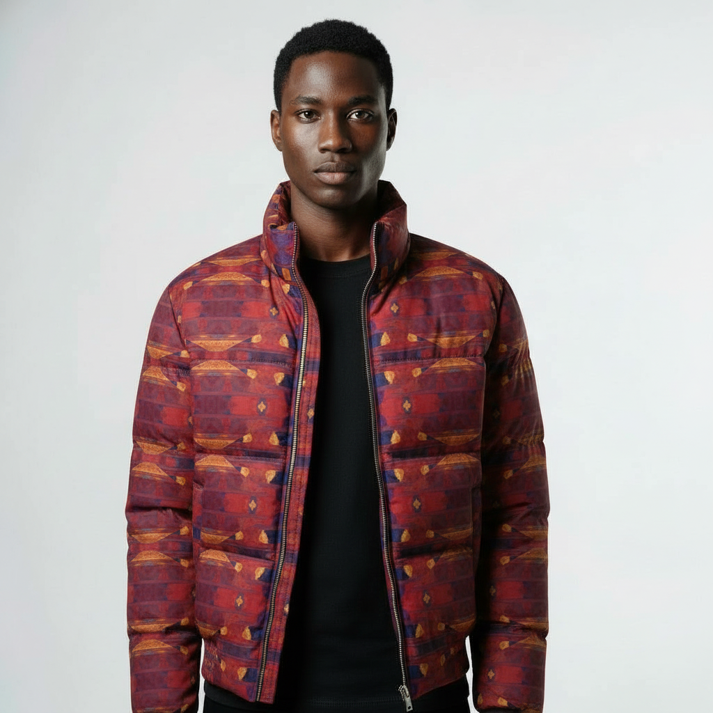 Men's Red Purple Geometric Textured Puffer Bomber Jacket