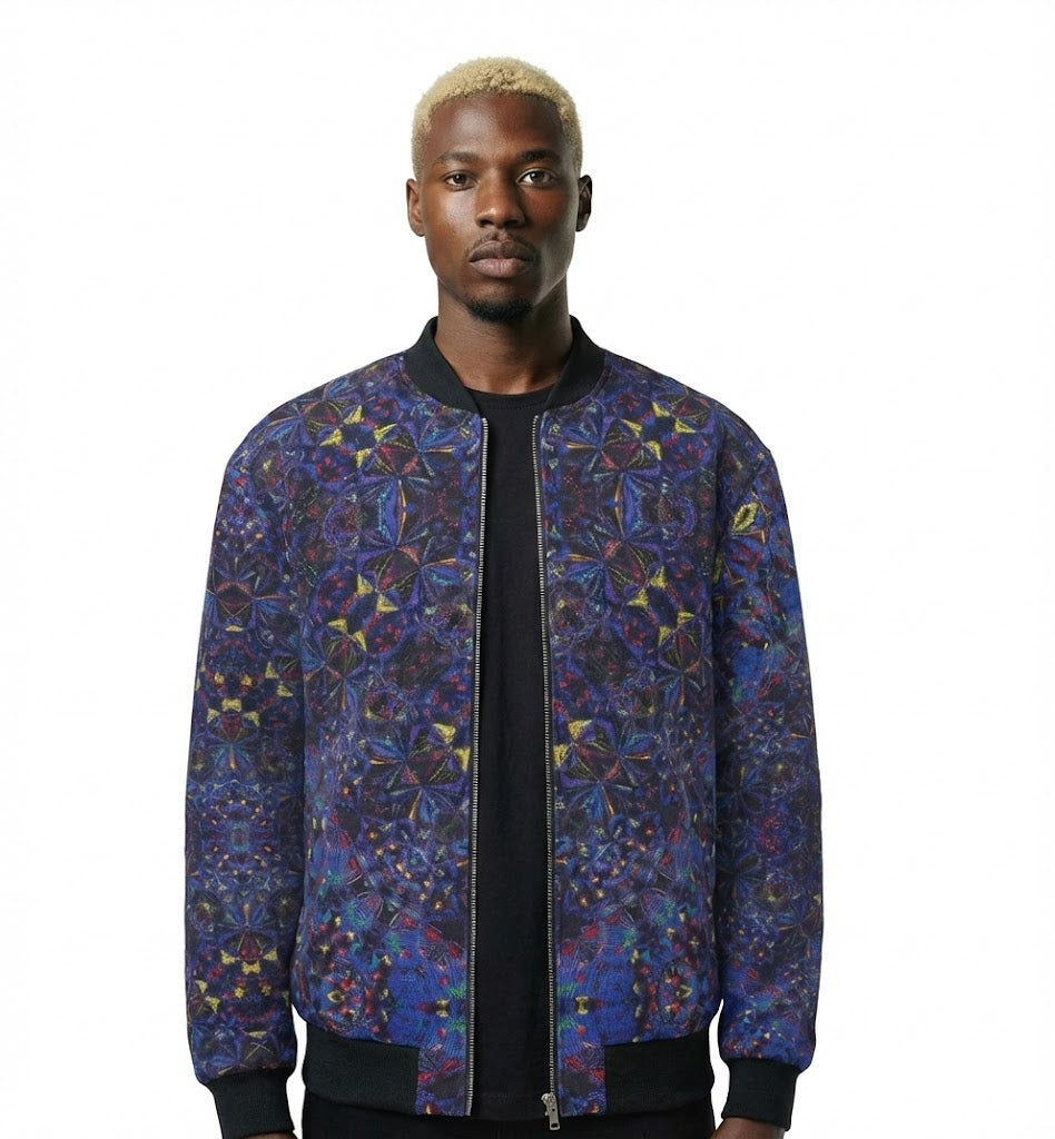 Men's Dark Blue Geometric Print Bomber Jacket