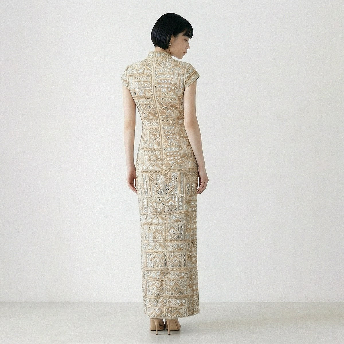 custom light Gold column dress with embroidery and faux mirror work