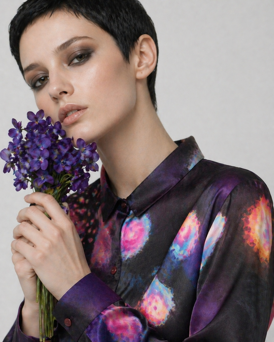 Women's Viscose Silk Art Shirt | Tie-Dye Abstract Print Button Up Blouse | Long Sleeve Statement Shirt | Gift for Art Lover