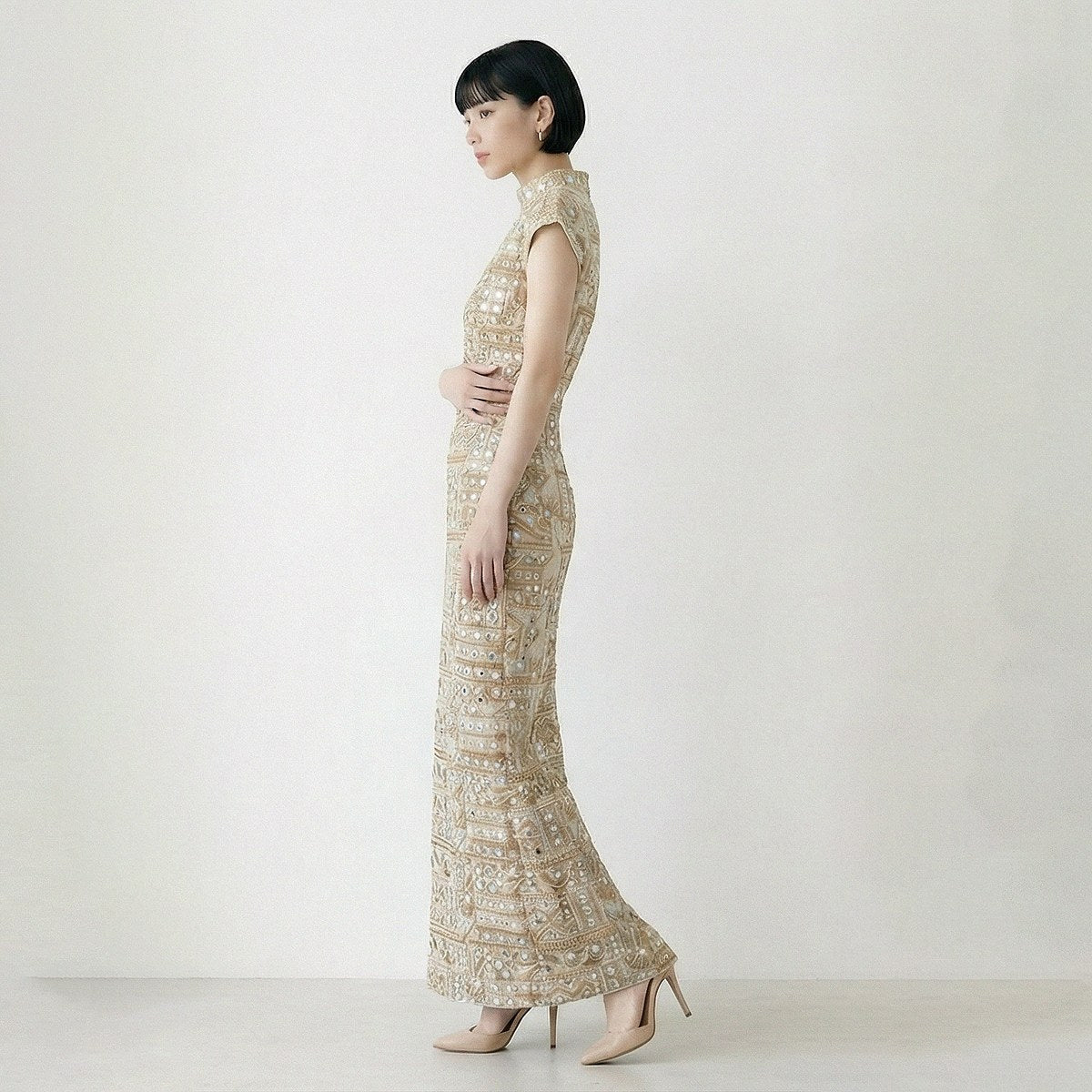 custom light Gold column dress with embroidery and faux mirror work