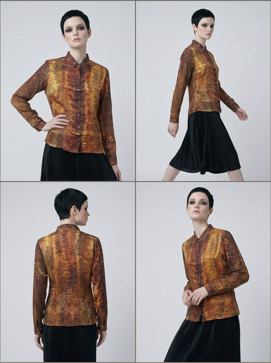 Women's Viscose Silk Art Shirt | Liquid Sands Abstract Print Button Up Blouse | Long Sleeve Statement Shirt | Gift for Art Lover