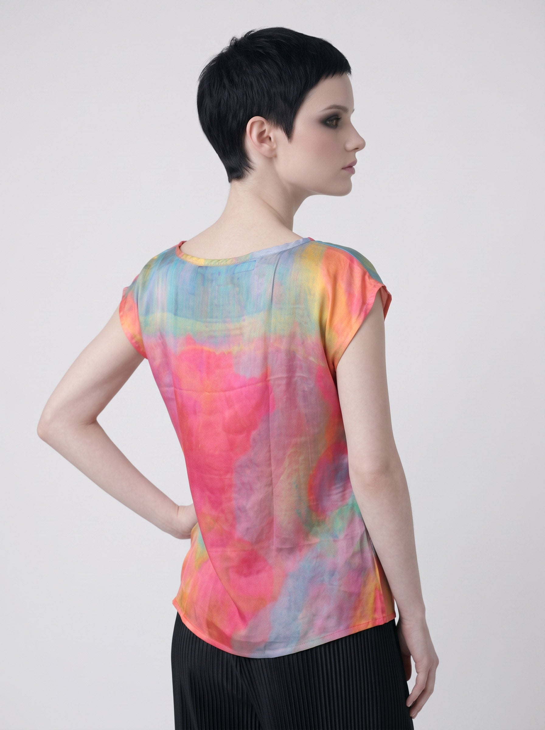 Women's Pink Blue Abstract Print Viscose Chiffon Top – Lightweight Artistic Cap Sleeve Blouse
