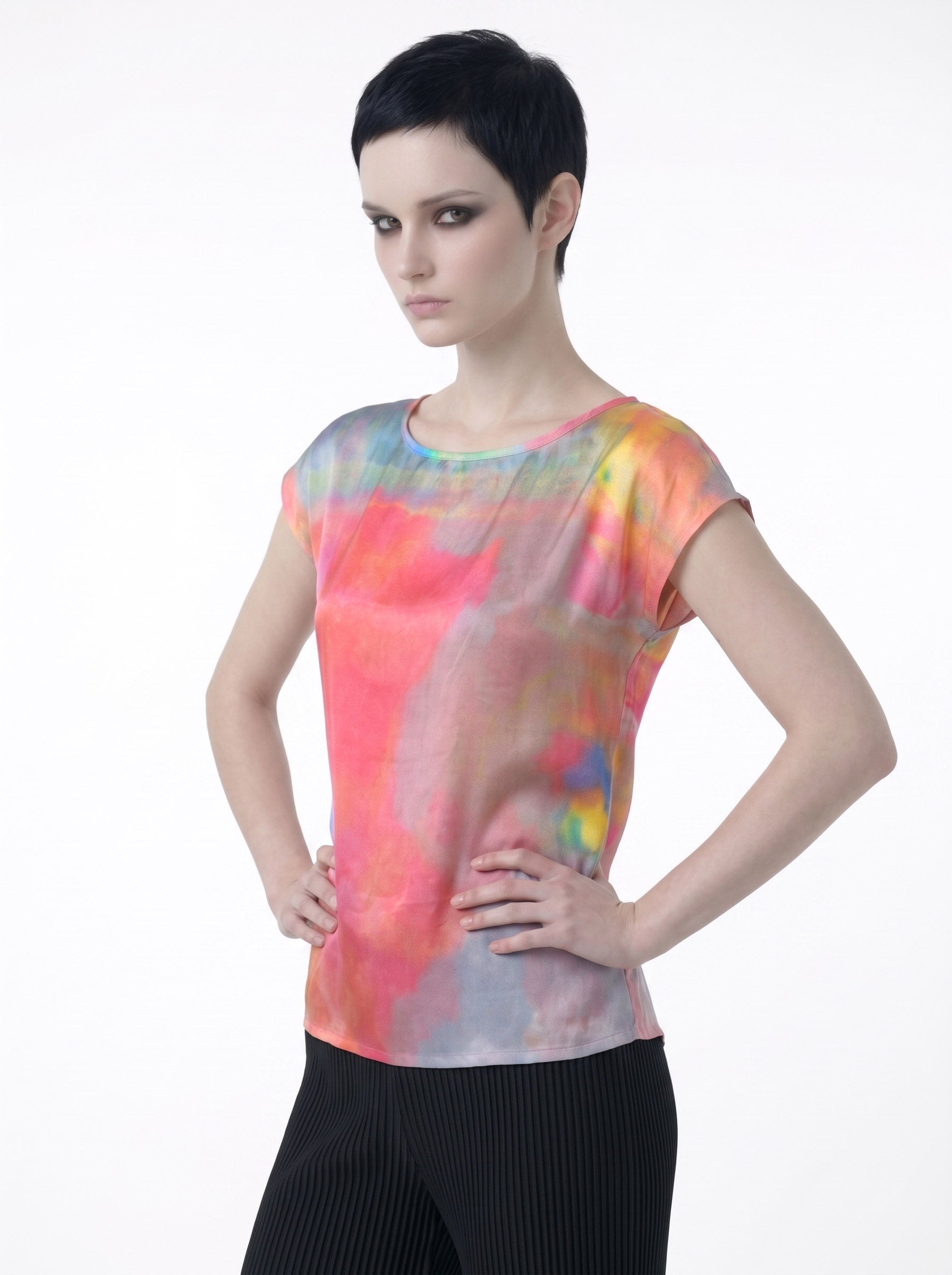 Women's Pink Blue Abstract Print Viscose Chiffon Top – Lightweight Artistic Cap Sleeve Blouse