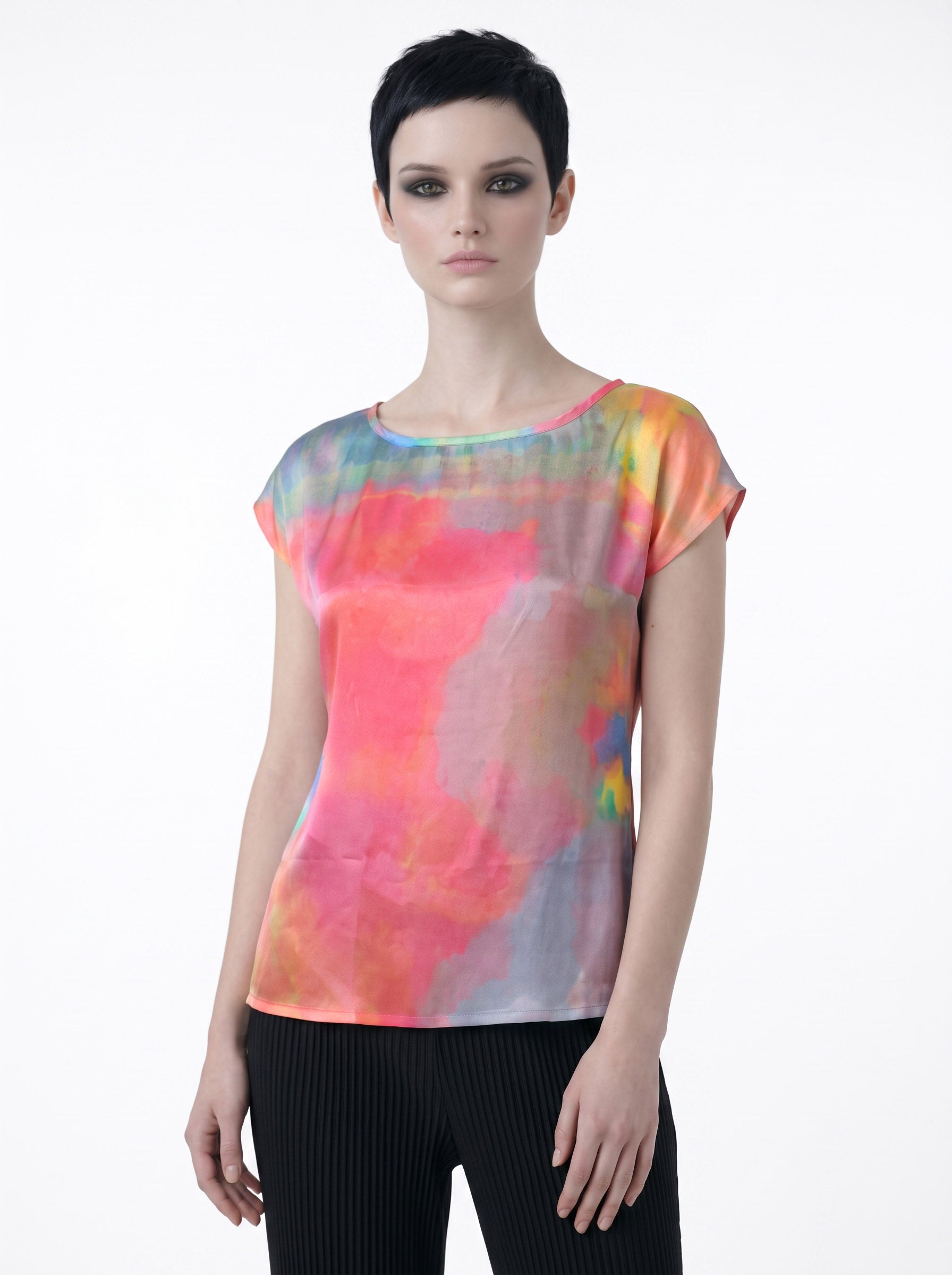 Women's Pink Blue Abstract Print Viscose Chiffon Top – Lightweight Artistic Cap Sleeve Blouse