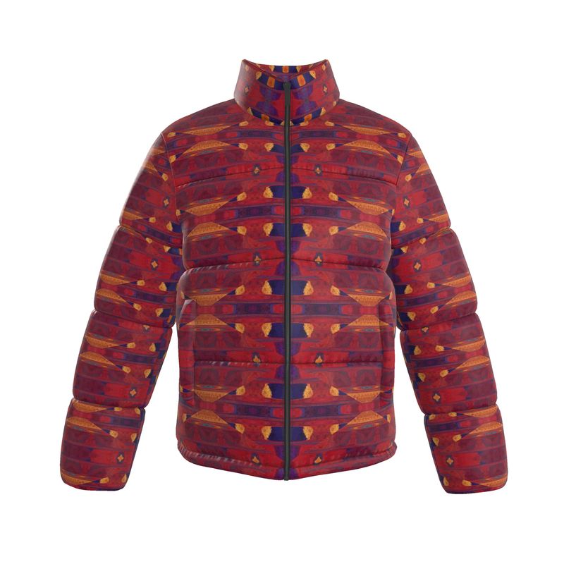 Men's Red Purple Geometric Textured Puffer Bomber Jacket