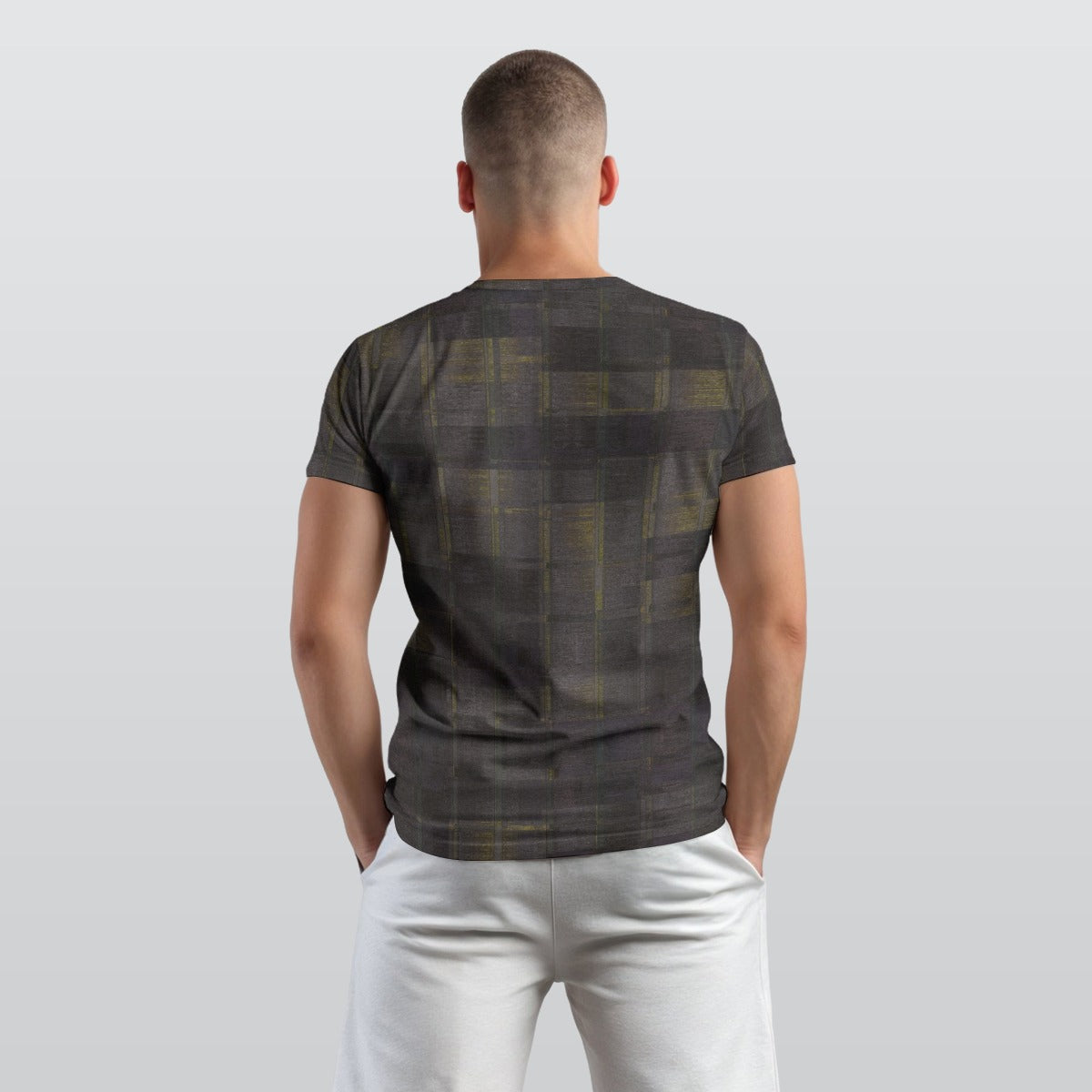 Men's Charcoal Gray Ochre Textured Plaid O Neck T-shirt