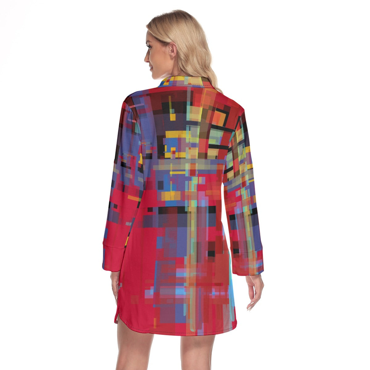 Women's Red Square Textured Shirt Dress - Custom-Designed Art Print Fashion