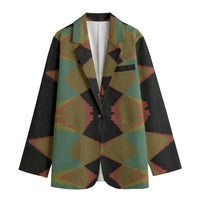 Women's Khaki Black Geometric Print Blazer - Abstract Diamond Pattern Jacket