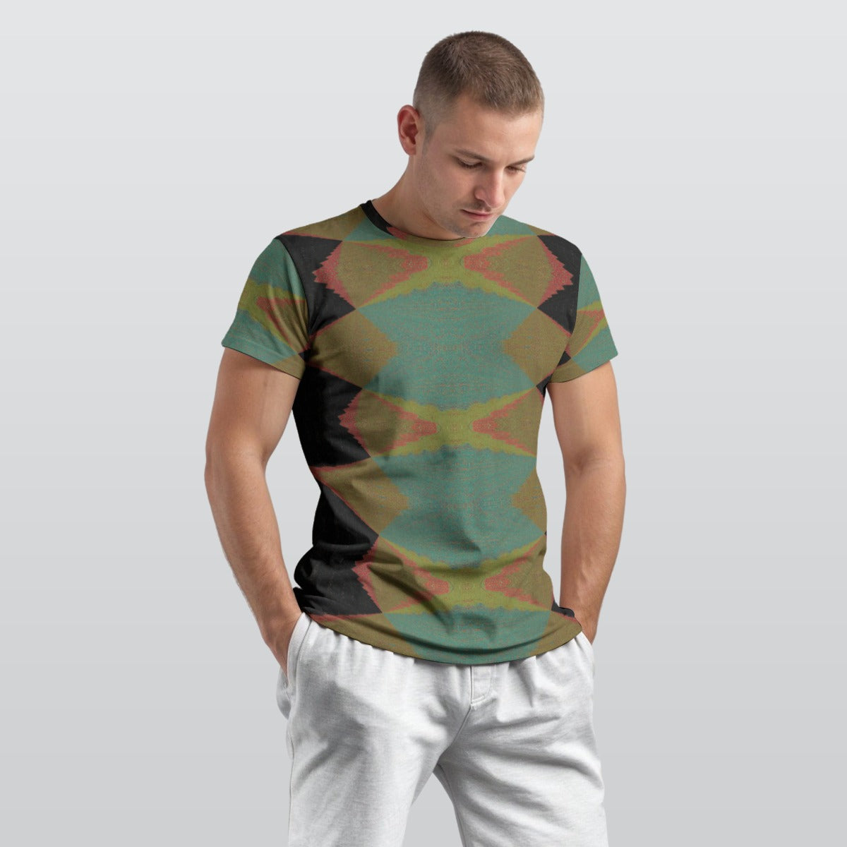 Men's Olive Green Dusty Teal Geometric Diamond Cotton  T shirt
