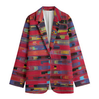 Women's Vibrant Red Multi-Color Bar Texture Blazer - Abstract Jacket
