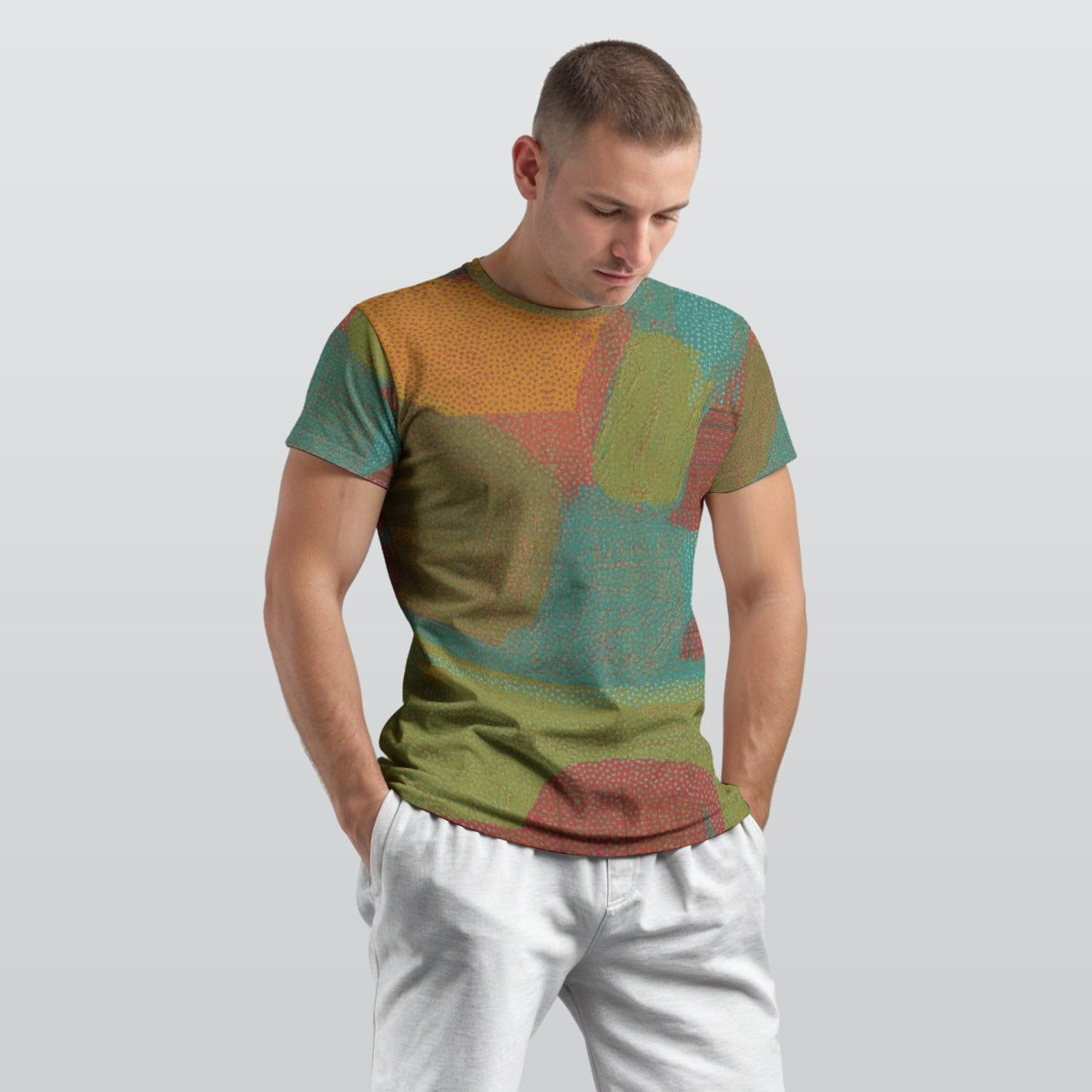 Men's Teal Blue Olive Green Stippled Block Cotton T shirt