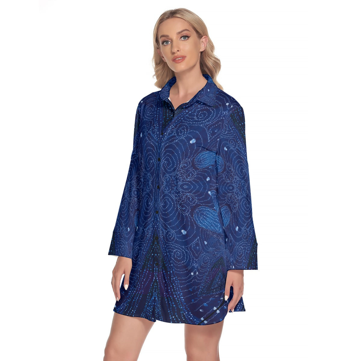 All-Over Print Women's Lapel Shirt Dress With Long Sleeve