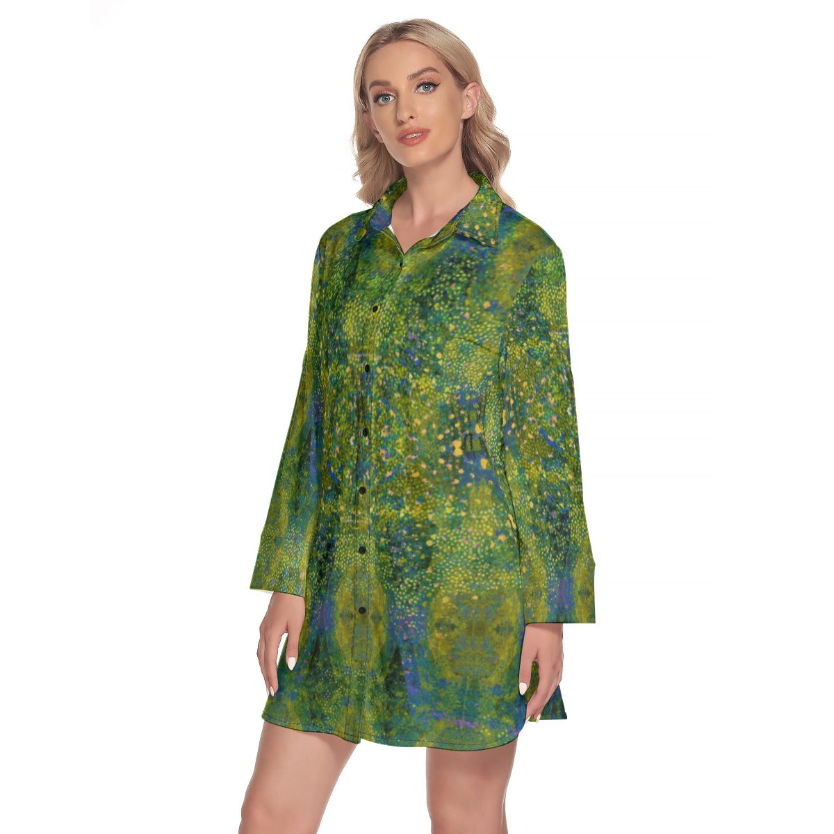 Women's Green and Yellow Abstract Impressionist Lapel Shirt