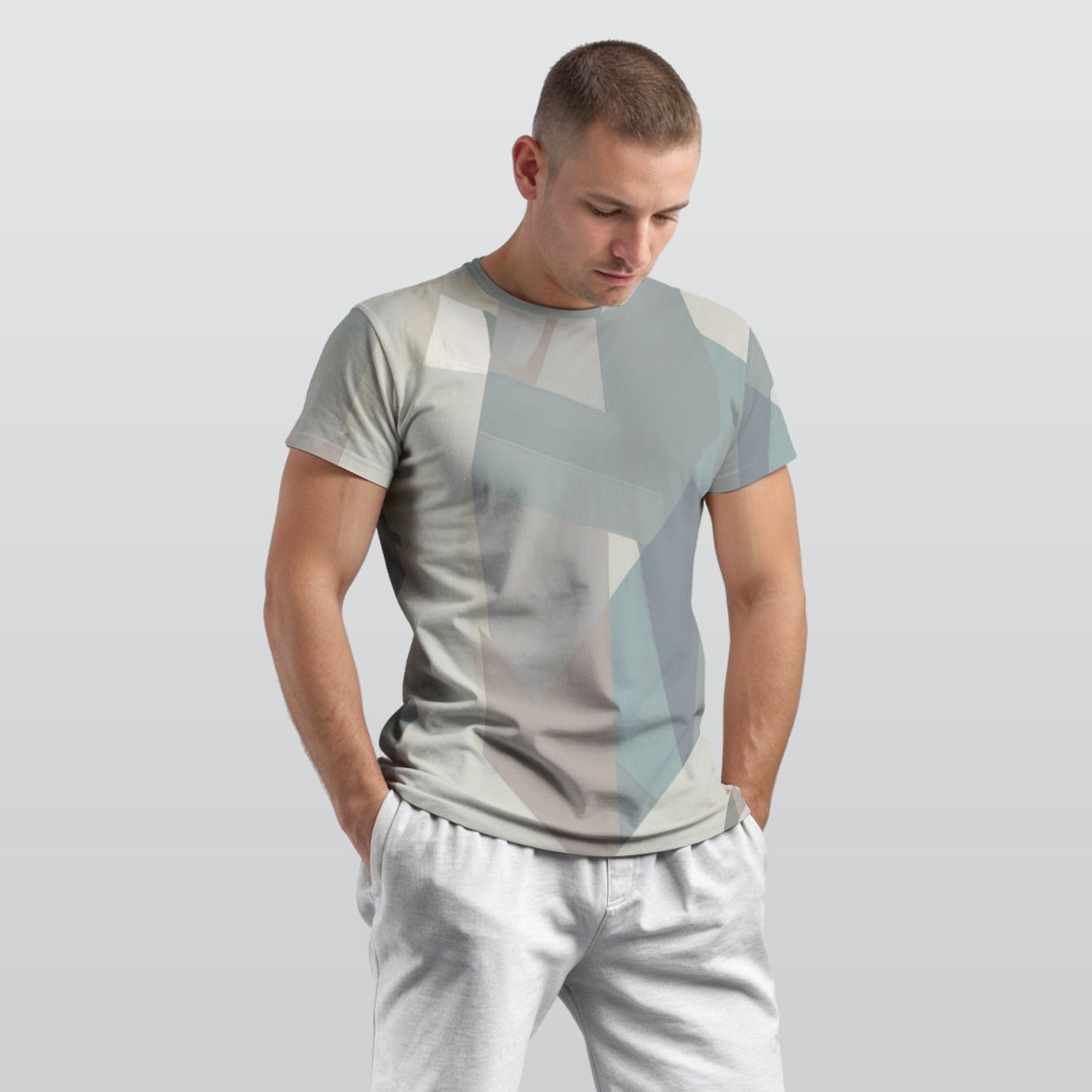 Men's Dove Gray Pale Slate Geometric Block O-Neck T shirt