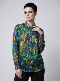 Women's Viscose Silk Art Shirt | Dappled Light Abstract Print Button Up Blouse | Long Sleeve Statement Shirt | Gift for Art Lover