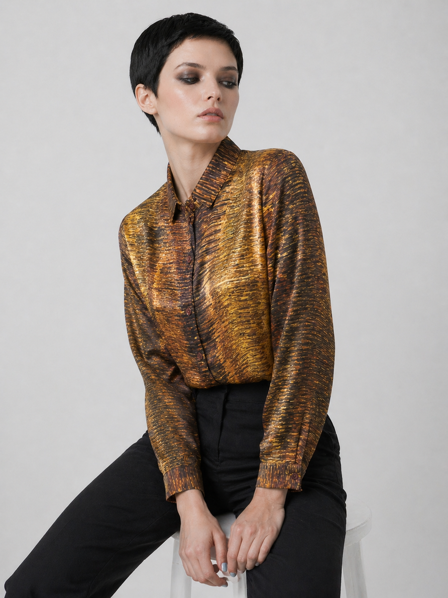 Women's Viscose Silk Art Shirt | Liquid Sands Abstract Print Button Up Blouse | Long Sleeve Statement Shirt | Gift for Art Lover
