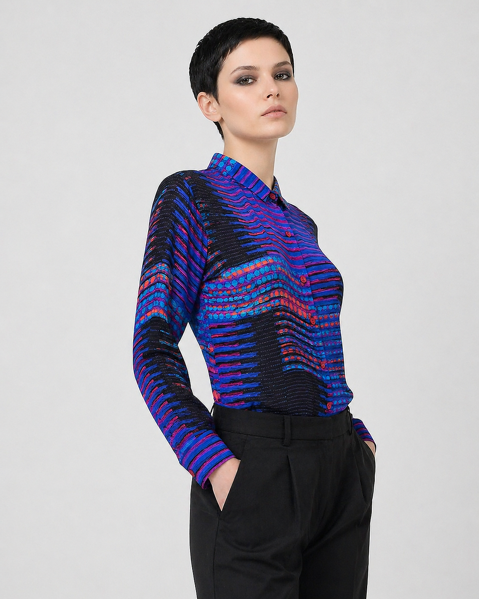 Women's Viscose Silk Art Shirt | Blue Signal Abstract Print Button Up Blouse | Long Sleeve Statement Shirt | Gift for Art Lover