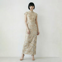 custom light Gold column dress with embroidery and faux mirror work