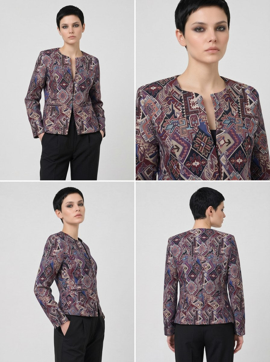 Azteca Jacket Women | Geometric Aztec Print Blazer | Burgundy Indigo Statement Boho Jacket | Ethnic Cropped Coat