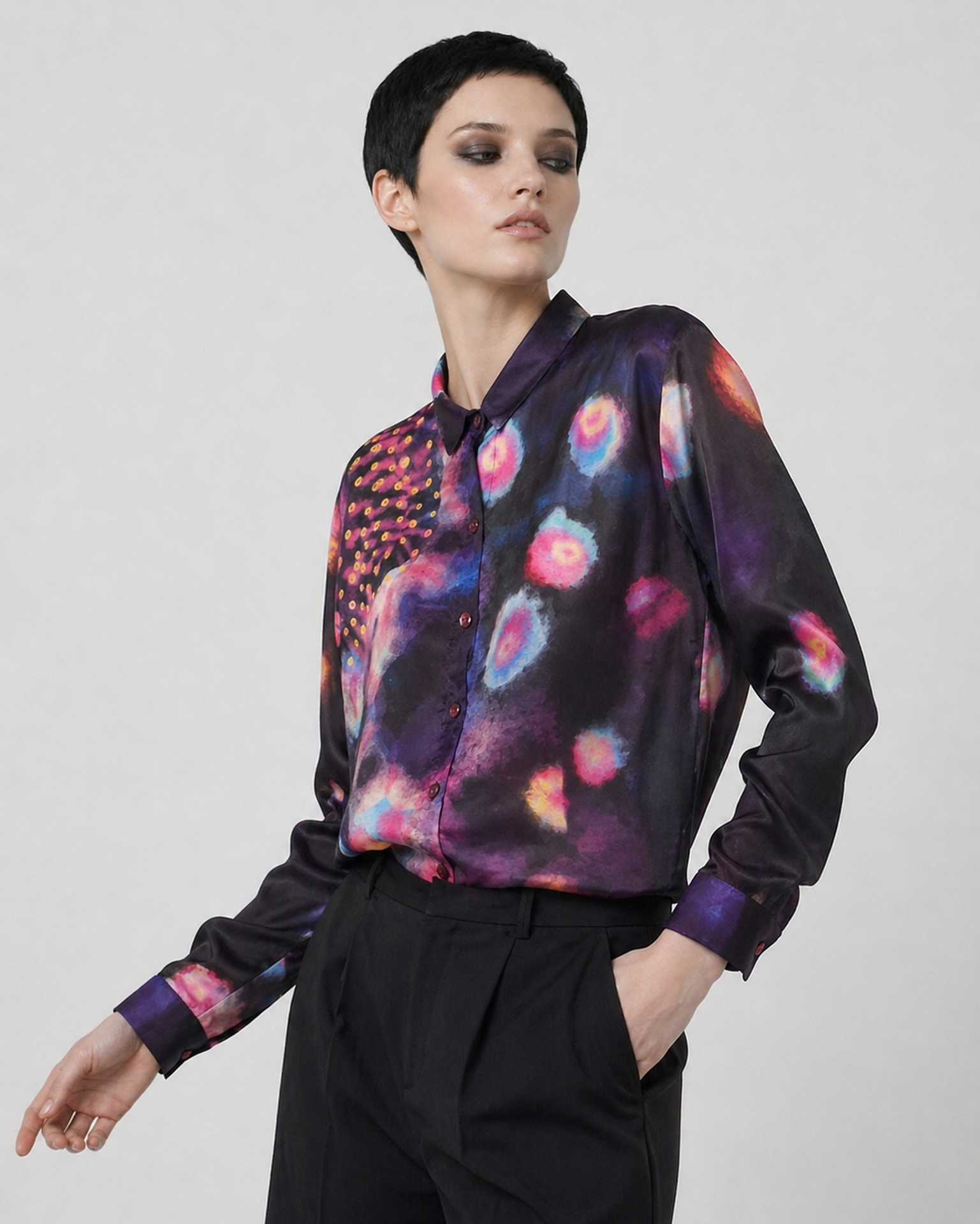 Women's Viscose Silk Art Shirt | Tie-Dye Abstract Print Button Up Blouse | Long Sleeve Statement Shirt | Gift for Art Lover