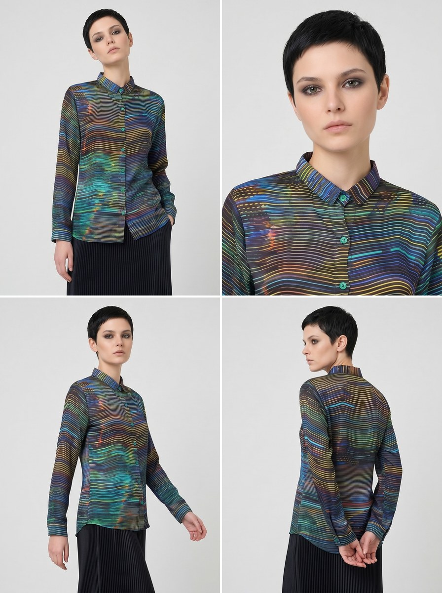 Women's Viscose Silk Art Shirt | Aurora Abstract Print Button Up Blouse | Long Sleeve Statement Shirt | Gift for Art Lover