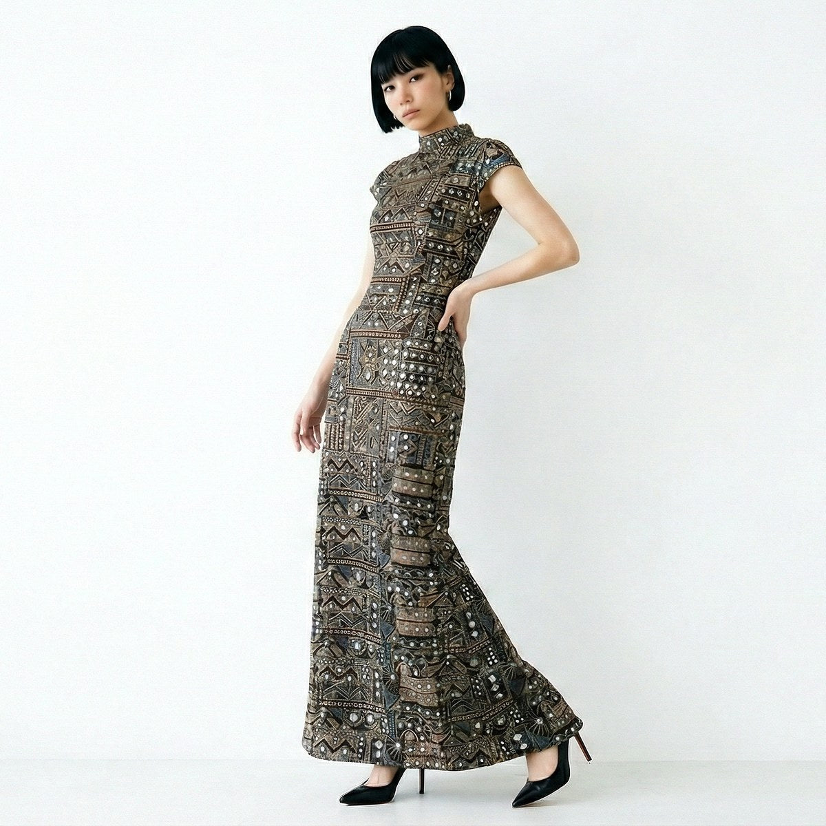 custom black and bronze column dress with embroidery and faux mirror work