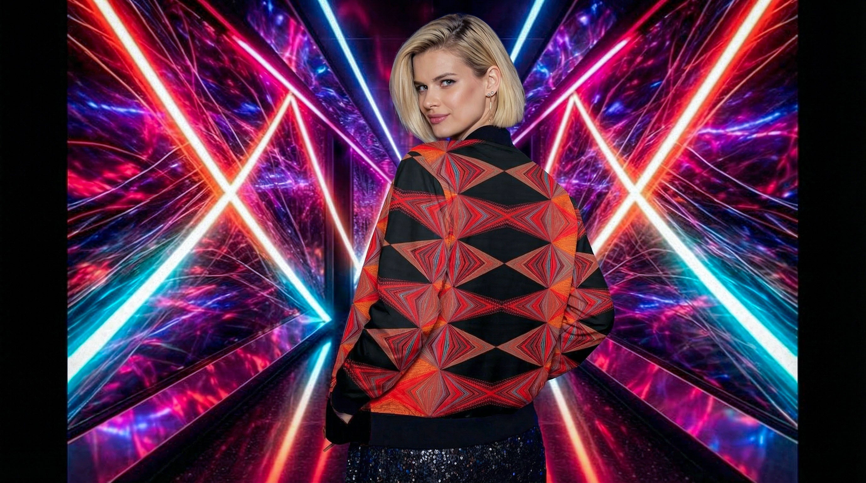 228. Women's Bold Orange Black Diamond Texture Bomber Jacket