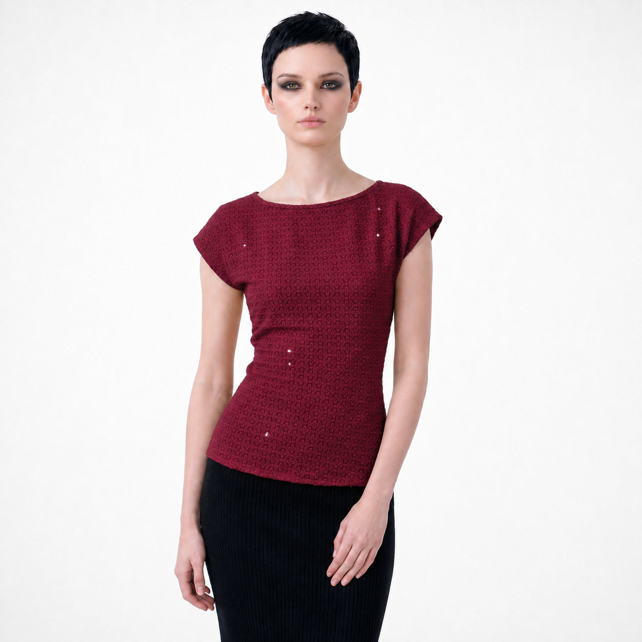 Burgundy Schiffli Embroidered Rayon Top for Women | Sequin Cap Sleeve Blouse | Lightweight Casual Summer Top