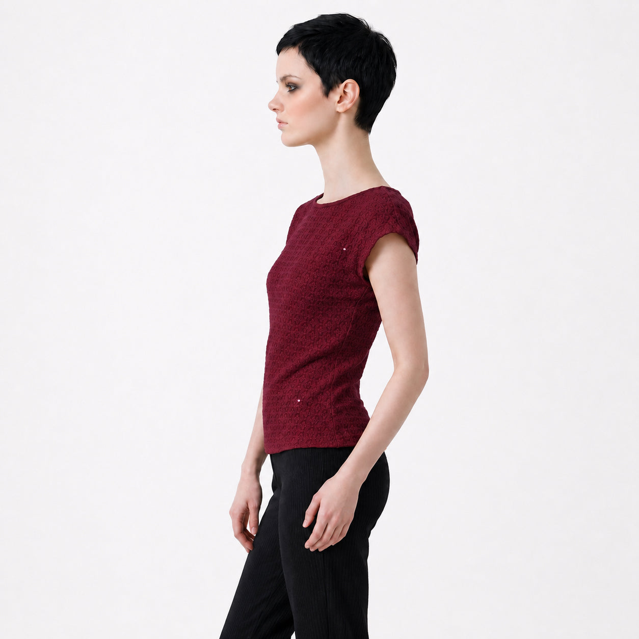 Burgundy Schiffli Embroidered Rayon Top for Women | Sequin Cap Sleeve Blouse | Lightweight Casual Summer Top