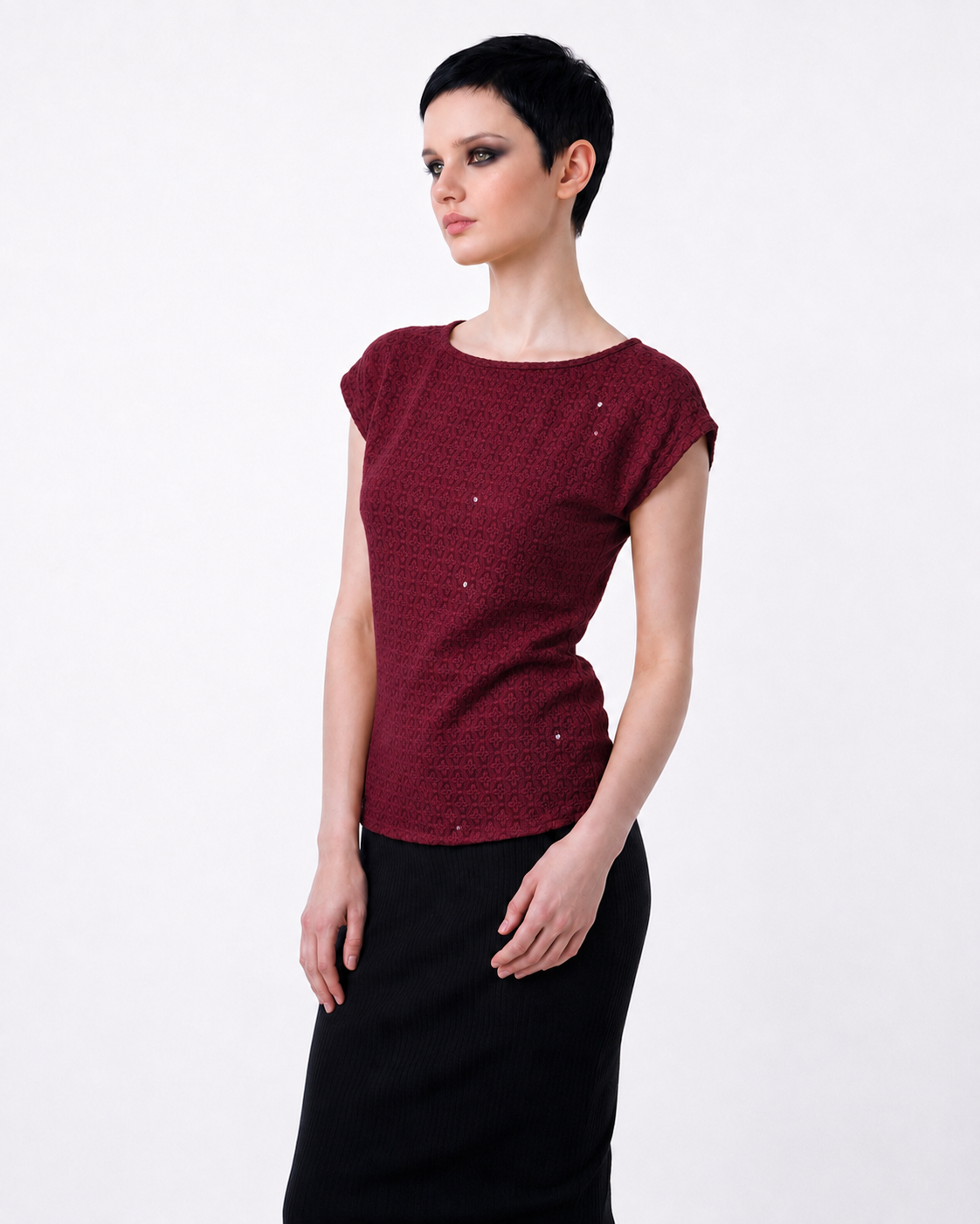 Burgundy Schiffli Embroidered Rayon Top for Women | Sequin Cap Sleeve Blouse | Lightweight Casual Summer Top