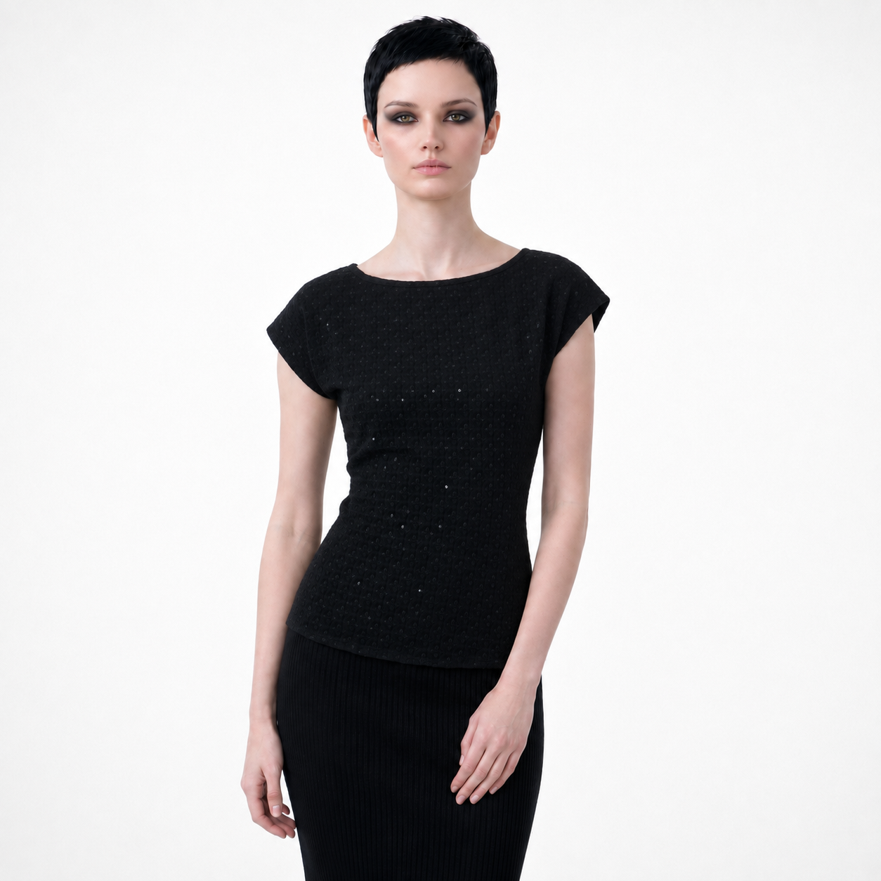 Black Schiffli Embroidered Rayon Top for Women | Sequin Cap Sleeve Blouse | Lightweight Summer Casual Top