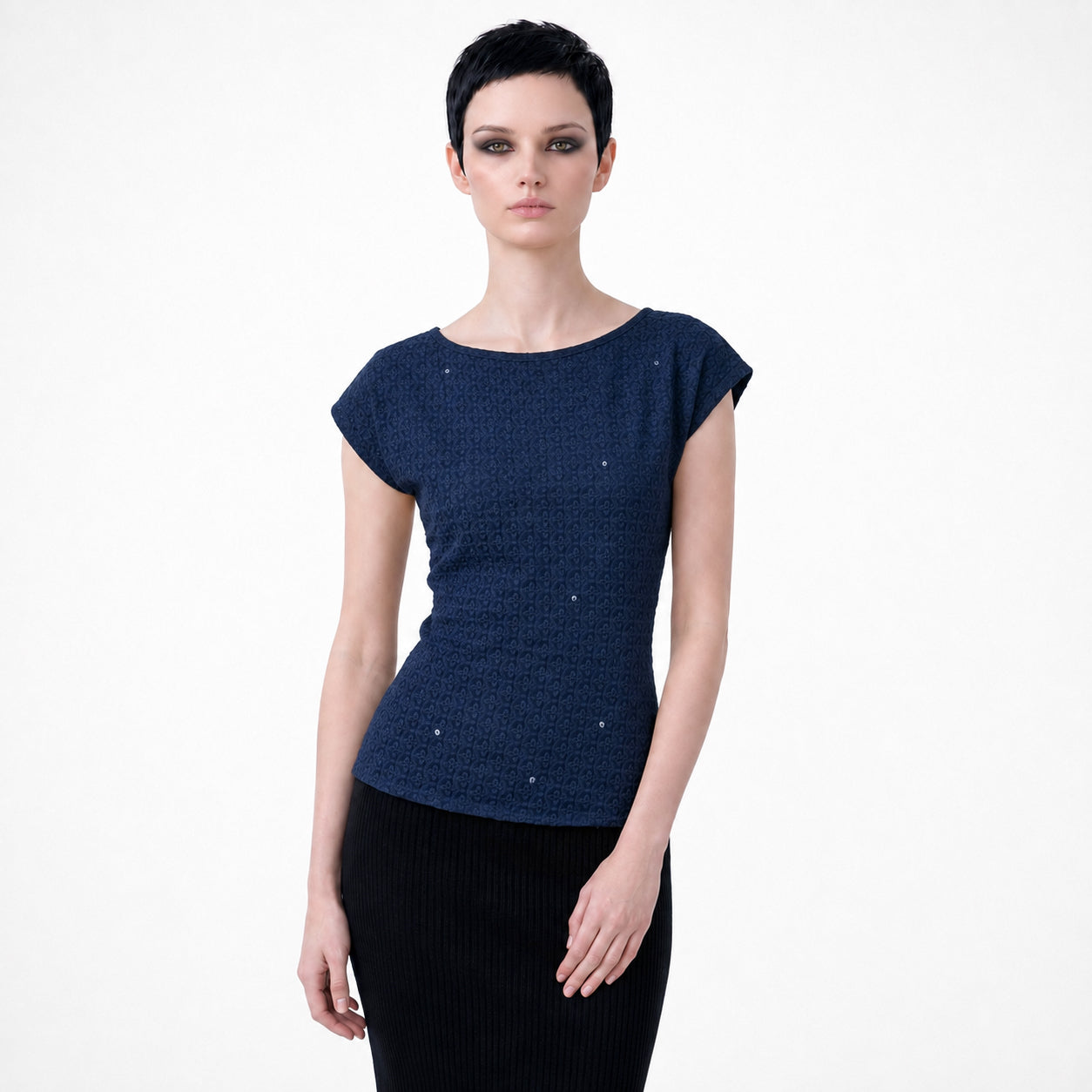 Blue Schiffli Embroidered Rayon Top for Women | Sequin Cap Sleeve Blouse | Lightweight Summer Casual Top