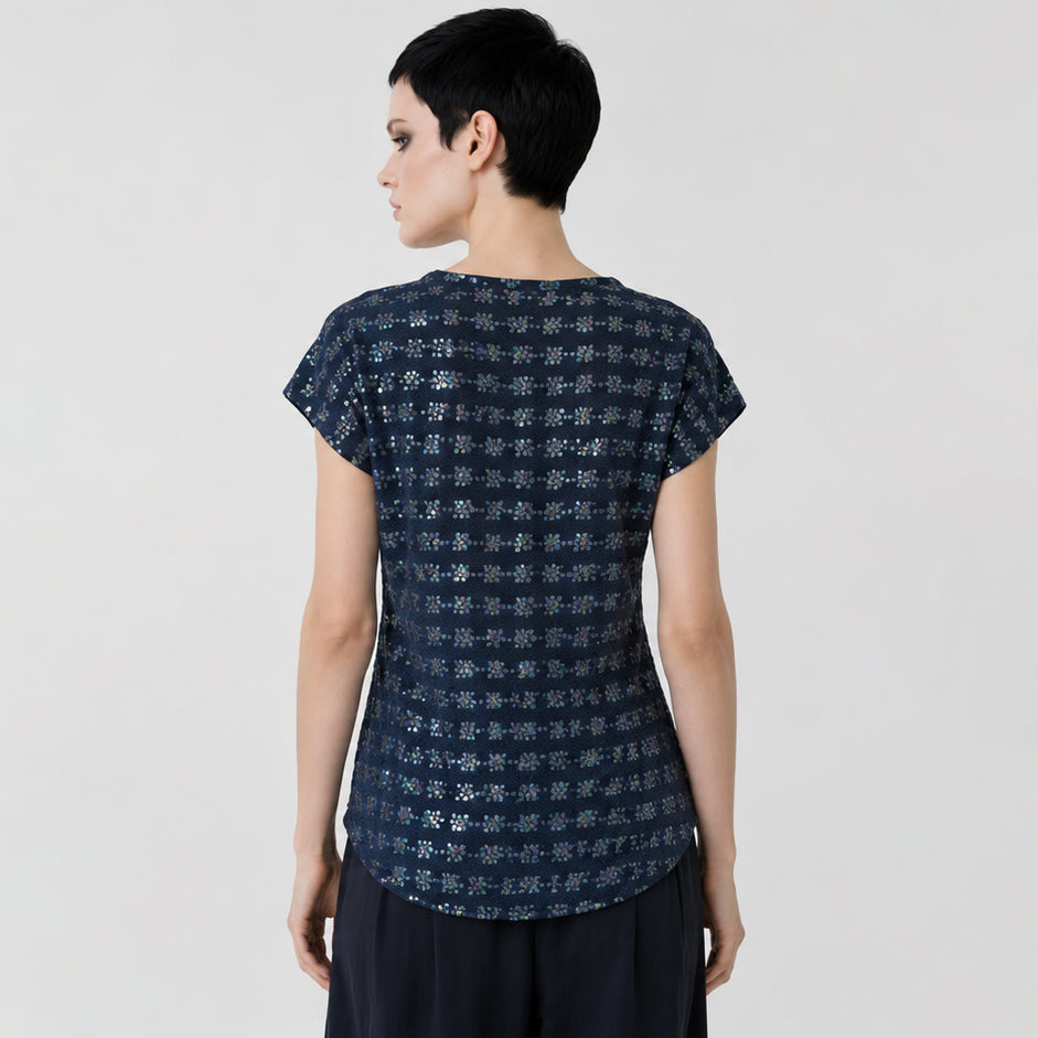 Women's Blue Viscose crepe Top with sequins and embroidery – Lightweight Artistic Cap Sleeve Blouse