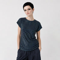 Women's Blue Viscose crepe Top with sequins and embroidery – Lightweight Artistic Cap Sleeve Blouse
