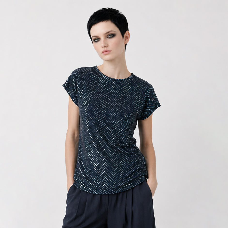 Women's Blue Viscose crepe Top with sequins and embroidery – Lightweight Artistic Cap Sleeve Blouse