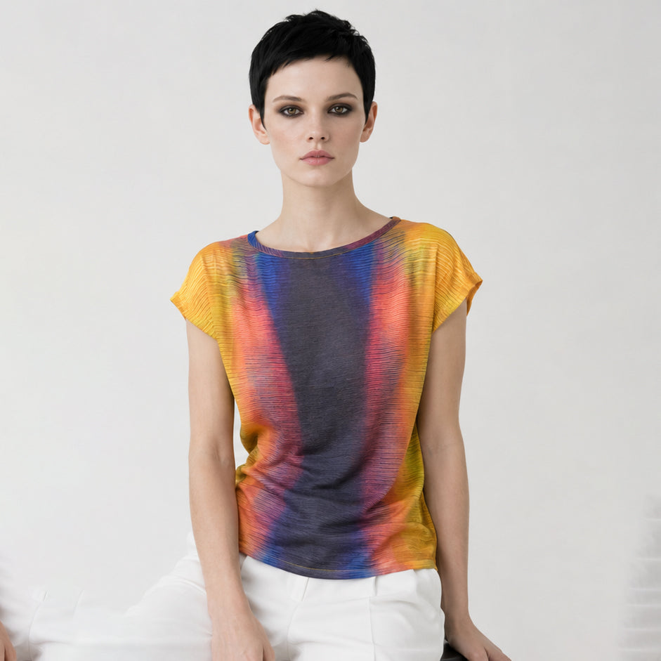 Women's Yellow Blue Abstract Print Viscose silk Top – Lightweight Artistic Cap Sleeve Blouse