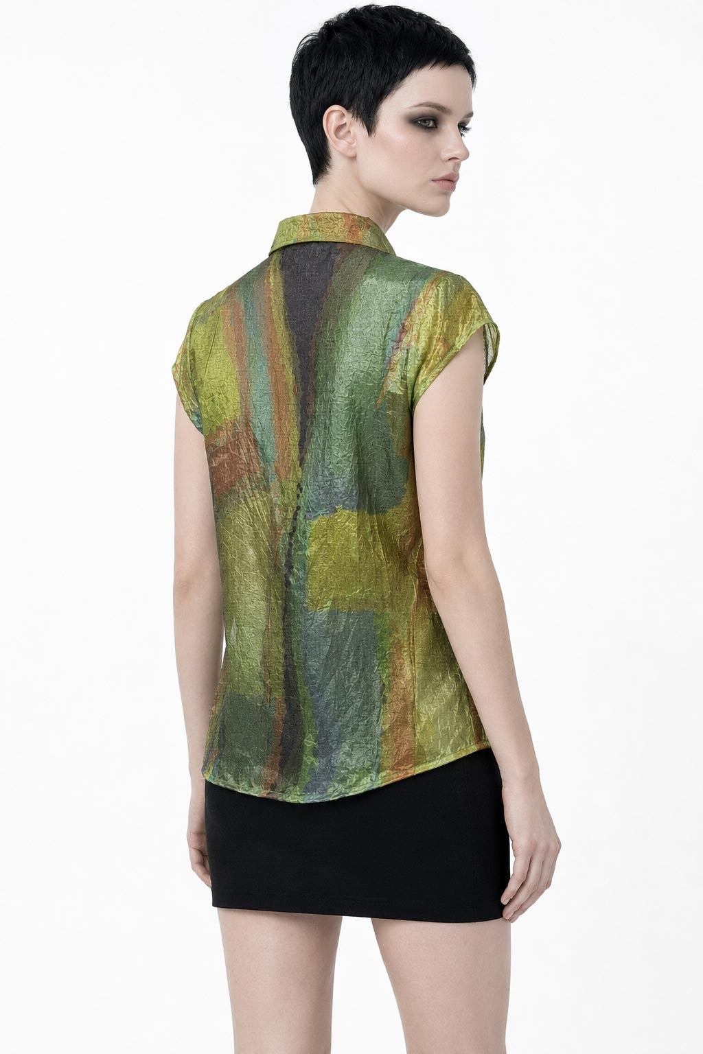 Camisa de Arte de Seda Viscosa para Mujer | Blusa con Botones y Estampado Abstracto Señal Azul | Camisa Llamativa de Manga Larga | Regalo para Amante del Arte